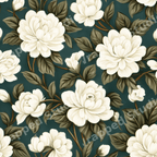 Vintage botanical floral pattern featuring white peony blossoms and dark leaves on a deep teal background.