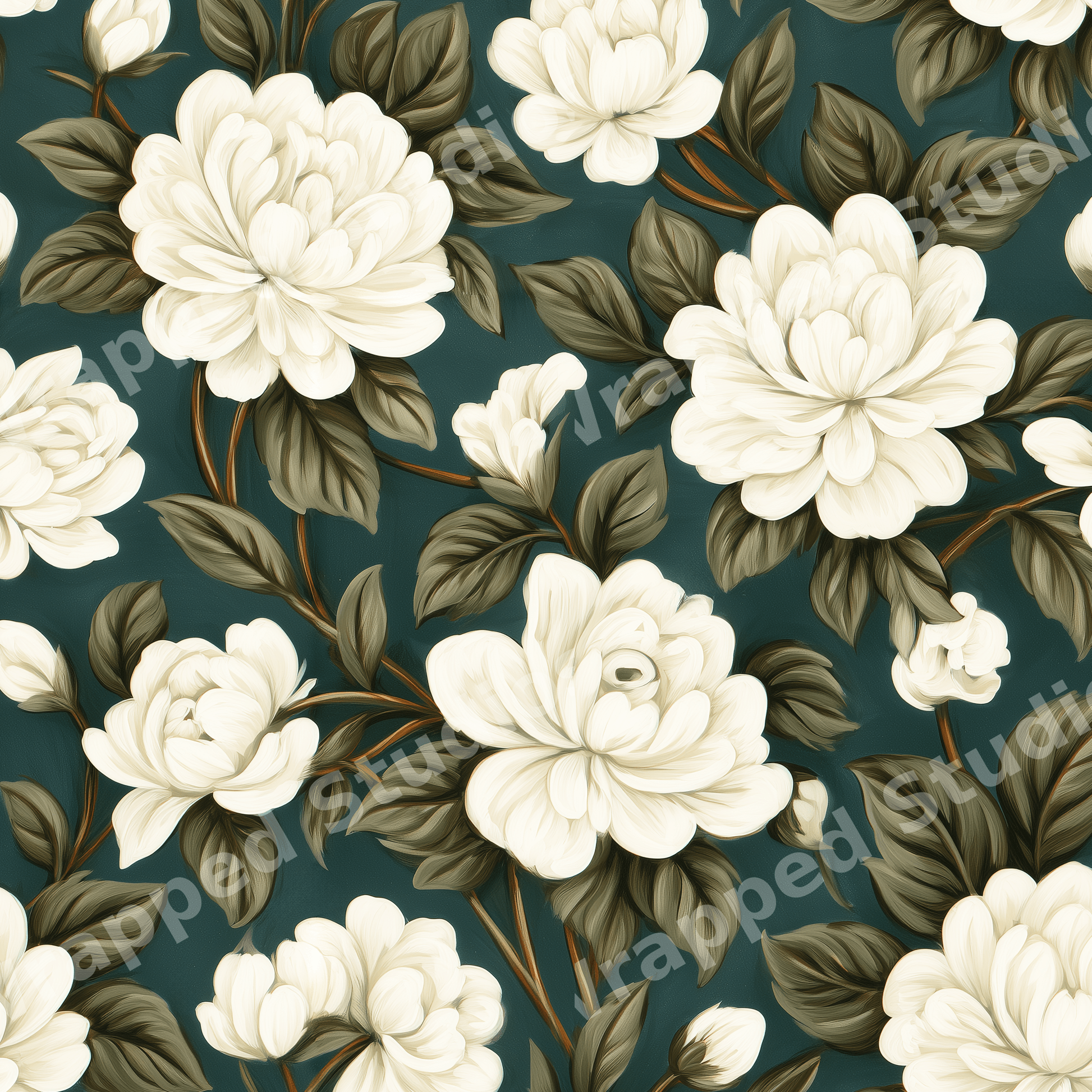 Vintage botanical floral pattern featuring white peony blossoms and dark leaves on a deep teal background.