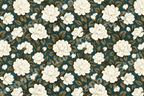Elegant vintage botanical floral pattern with cream peony flowers and dark green leaves on a teal background.