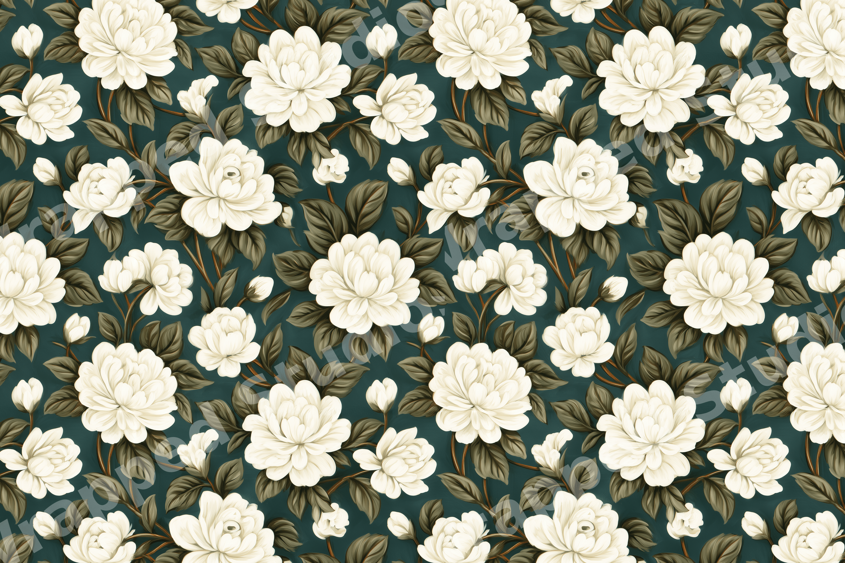 Elegant vintage botanical floral pattern with cream peony flowers and dark green leaves on a teal background.