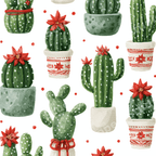 Watercolor Christmas cactus pattern with green potted succulents and red poinsettia flowers.