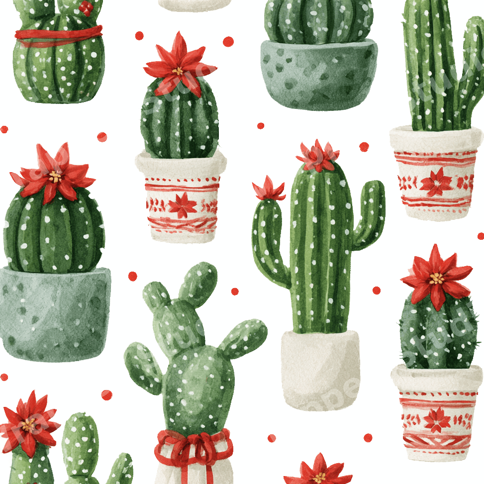 Watercolor Christmas cactus pattern with green potted succulents and red poinsettia flowers.