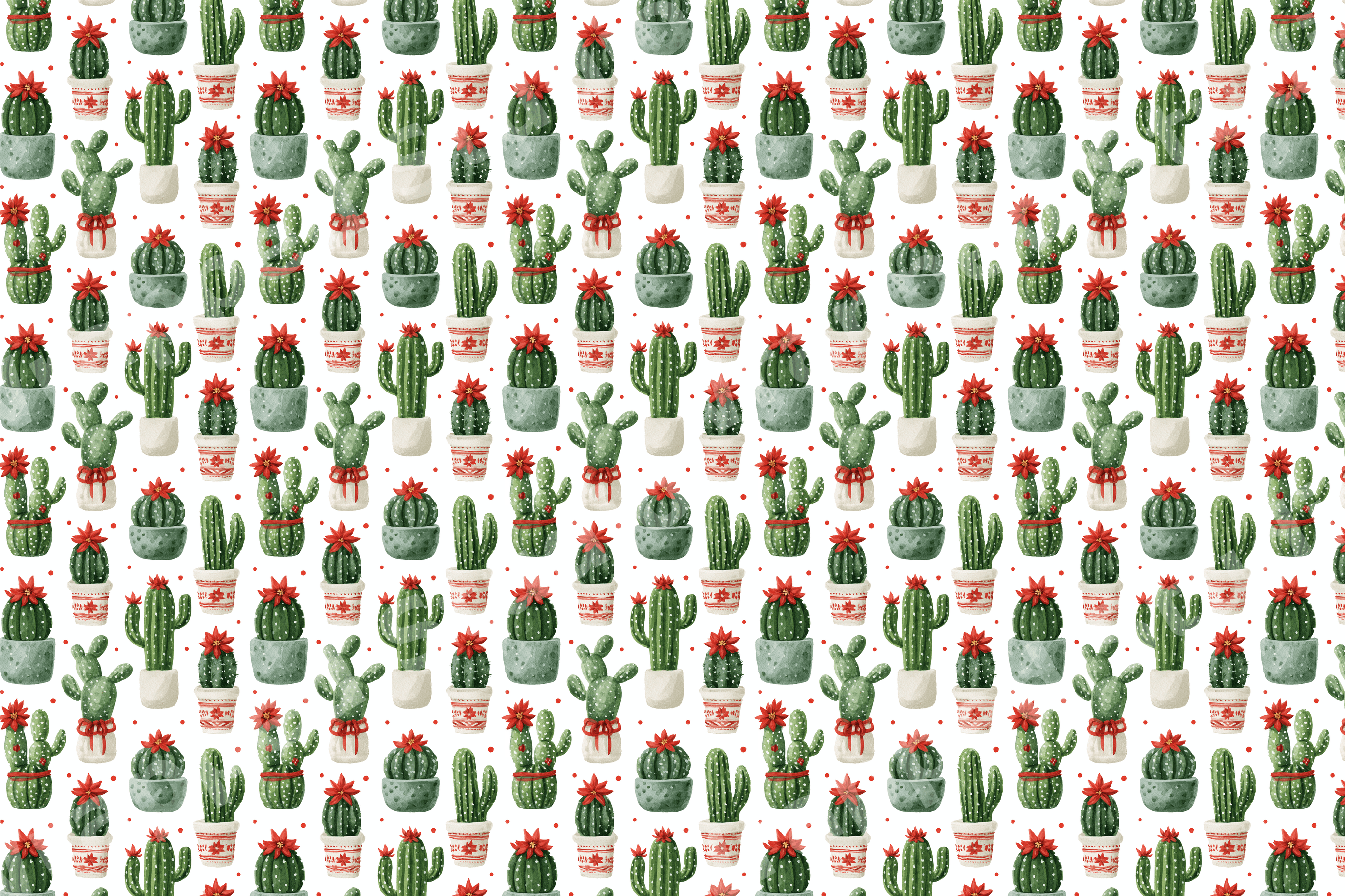 Watercolor Christmas cactus pattern with red poinsettias and festive potted succulents.
