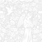 Elegant white religious pattern featuring a praying angel, cross, and dove amidst a vintage floral design.