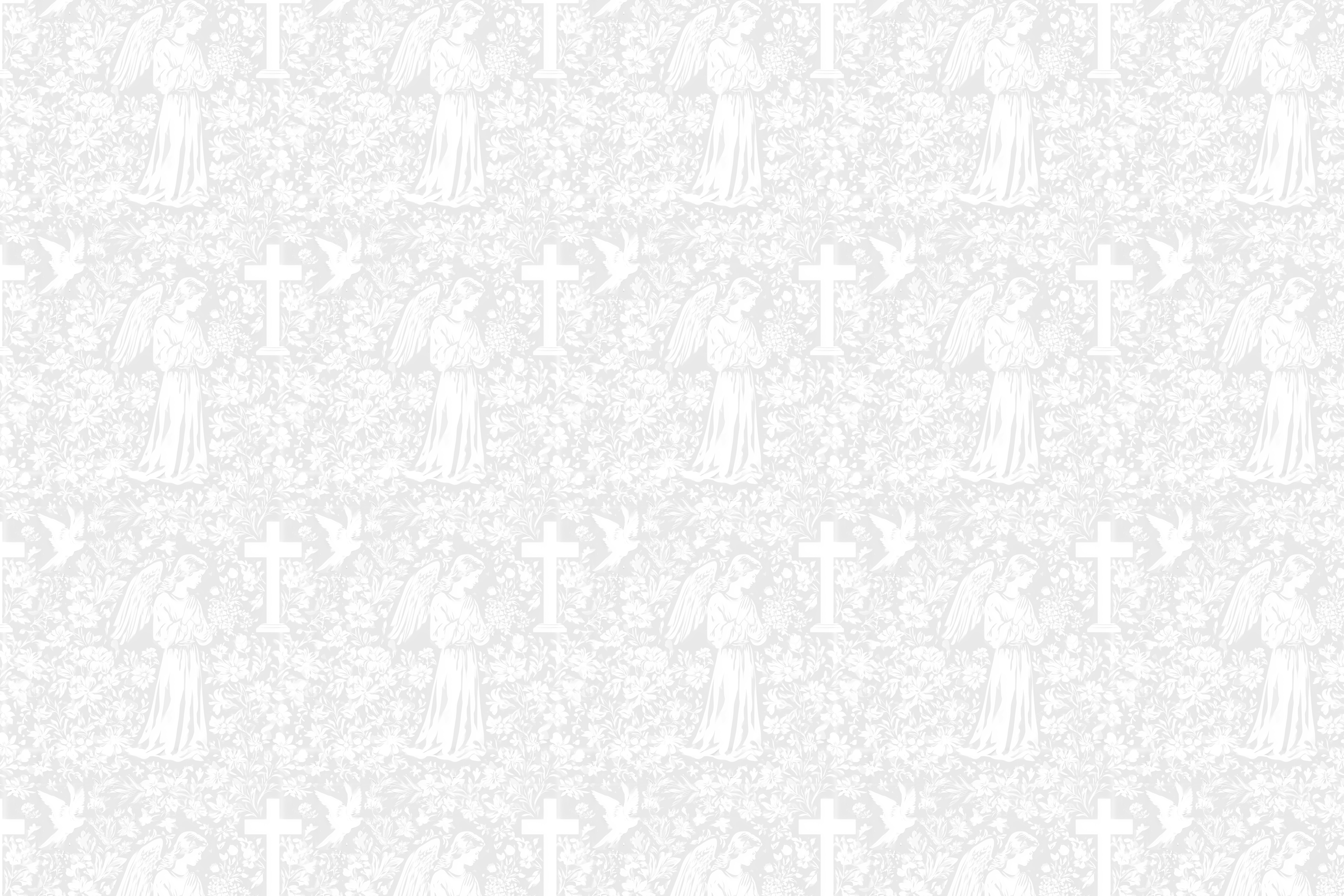 Elegant vintage religious pattern with white angels, crosses, and doves on a light gray floral background.