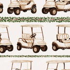 Vintage Christmas golf cart pattern with hand-drawn holly berry stripes on a cream background.