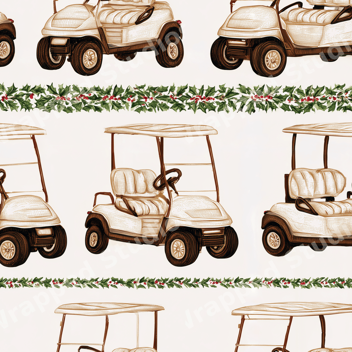 Vintage Christmas golf cart pattern with hand-drawn holly berry stripes on a cream background.