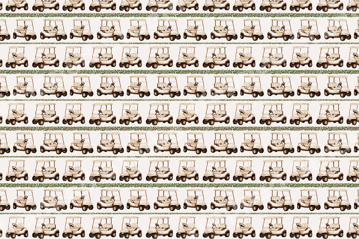 Vintage golf cart Christmas pattern with festive green holly garland stripes on a cream background.