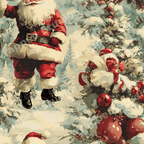 Vintage Santa Claus pattern with snowy pine trees and red ornaments in a nostalgic painted holiday style.