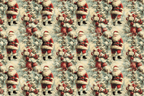 Vintage Christmas pattern with traditional Santa Claus, snowy pine trees, and red ornaments.