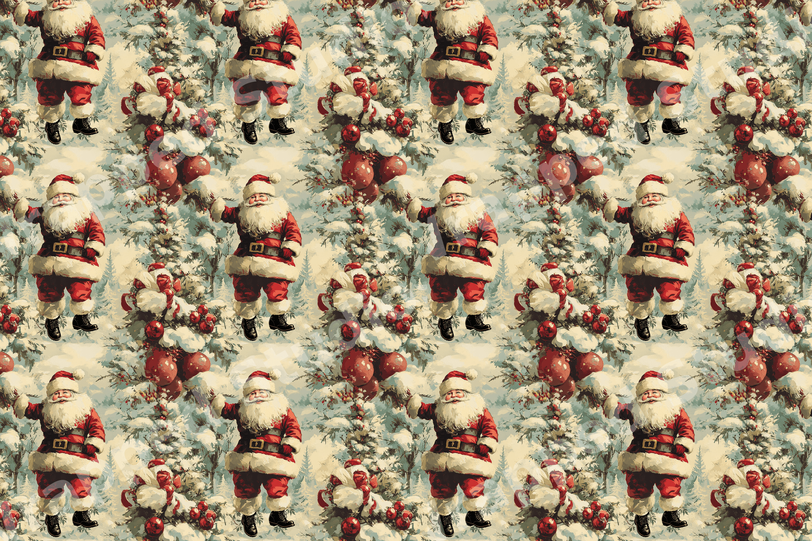 Vintage Christmas pattern with traditional Santa Claus, snowy pine trees, and red ornaments.