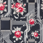 Cyberpunk floral pattern with red roses and computer circuit board lines on a dark grey background.