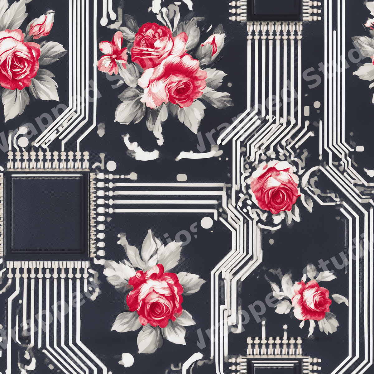 Cyberpunk floral pattern with red roses and computer circuit board lines on a dark grey background.