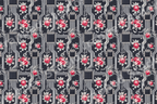 Cyberpunk floral pattern with vintage red roses and white circuit board lines on a dark background.