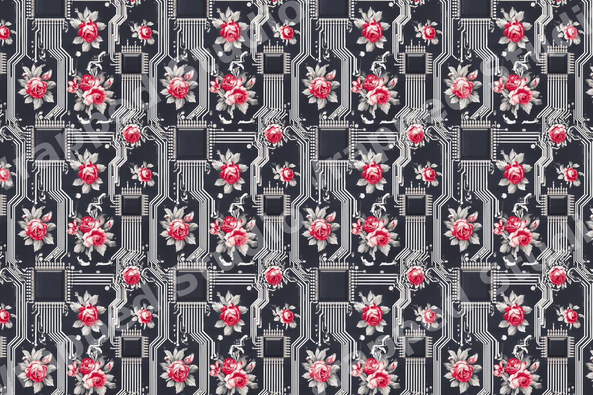 Cyberpunk floral pattern with vintage red roses and white circuit board lines on a dark background.