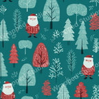 A whimsical Christmas pattern with cartoon Santas and various fir trees in a playful, modern style with teal and red tones.