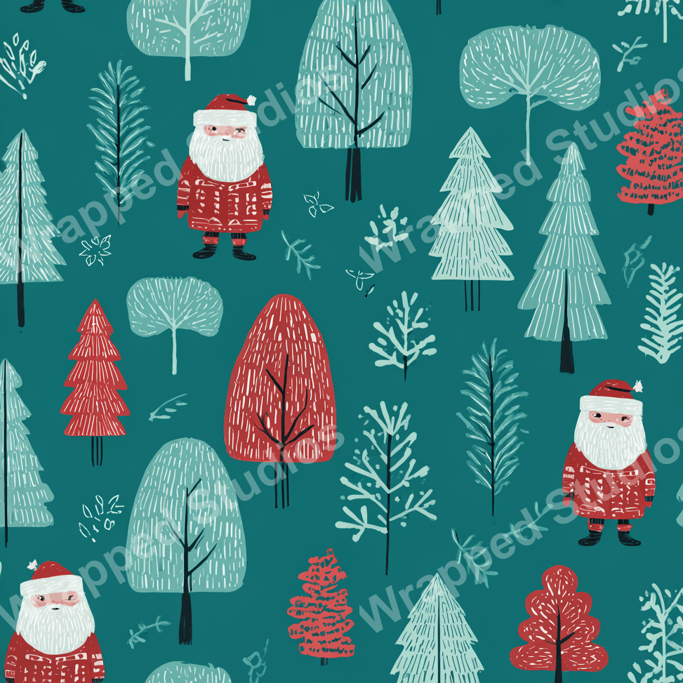 A whimsical Christmas pattern with cartoon Santas and various fir trees in a playful, modern style with teal and red tones.