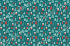 Playful Christmas holiday pattern with whimsical Santa Claus figures and various winter trees in red, white, and teal.