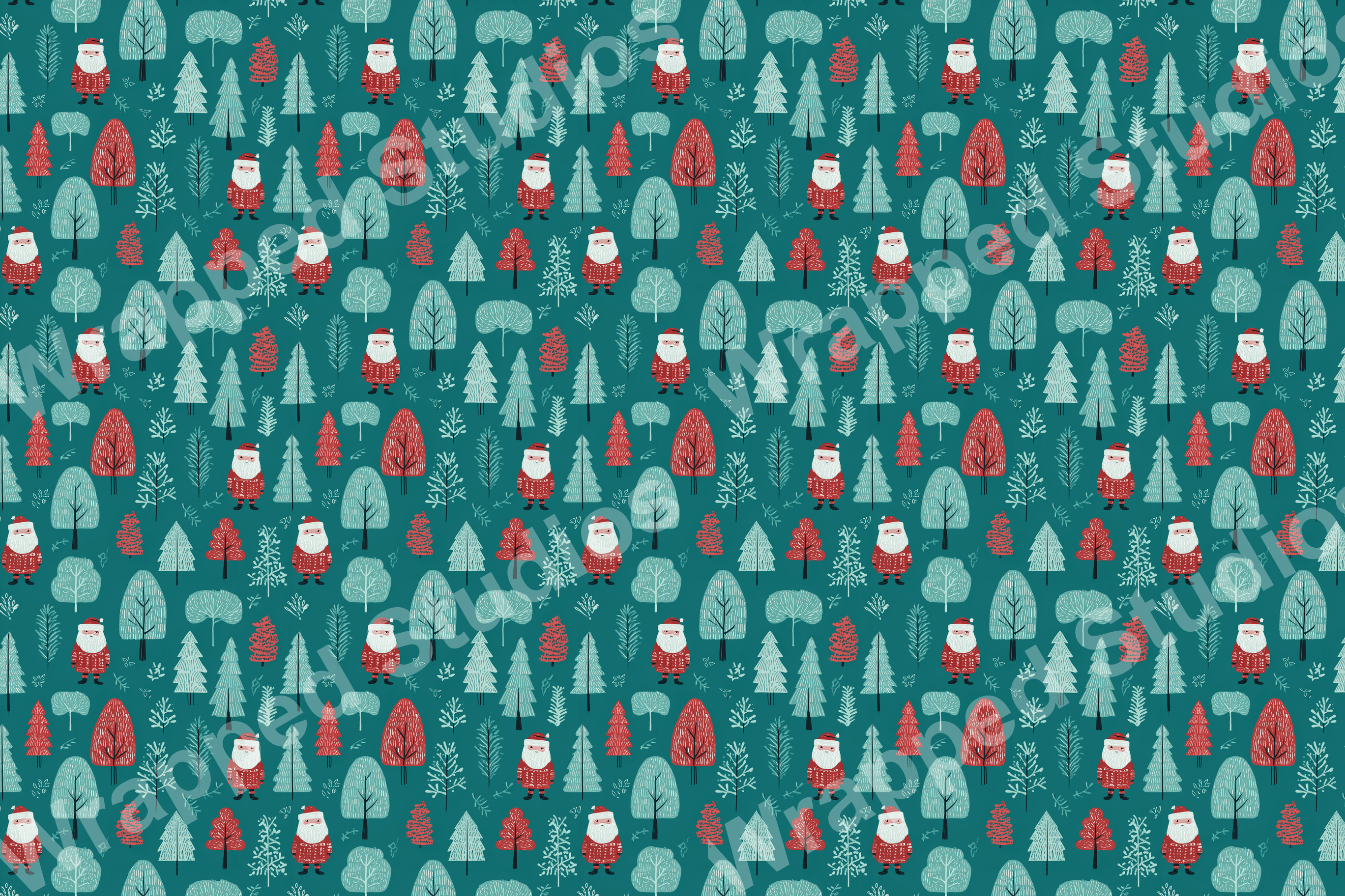 Playful Christmas holiday pattern with whimsical Santa Claus figures and various winter trees in red, white, and teal.