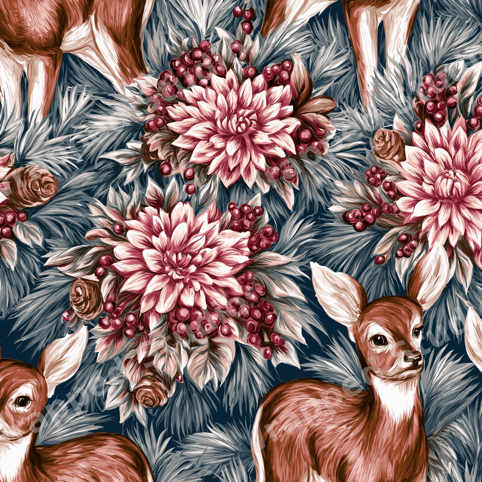Vintage woodland deer and winter floral pattern with pink dahlias and pine on navy blue.