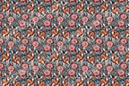 Vintage woodland deer pattern with pink botanical florals and pine branches on a dark blue background.