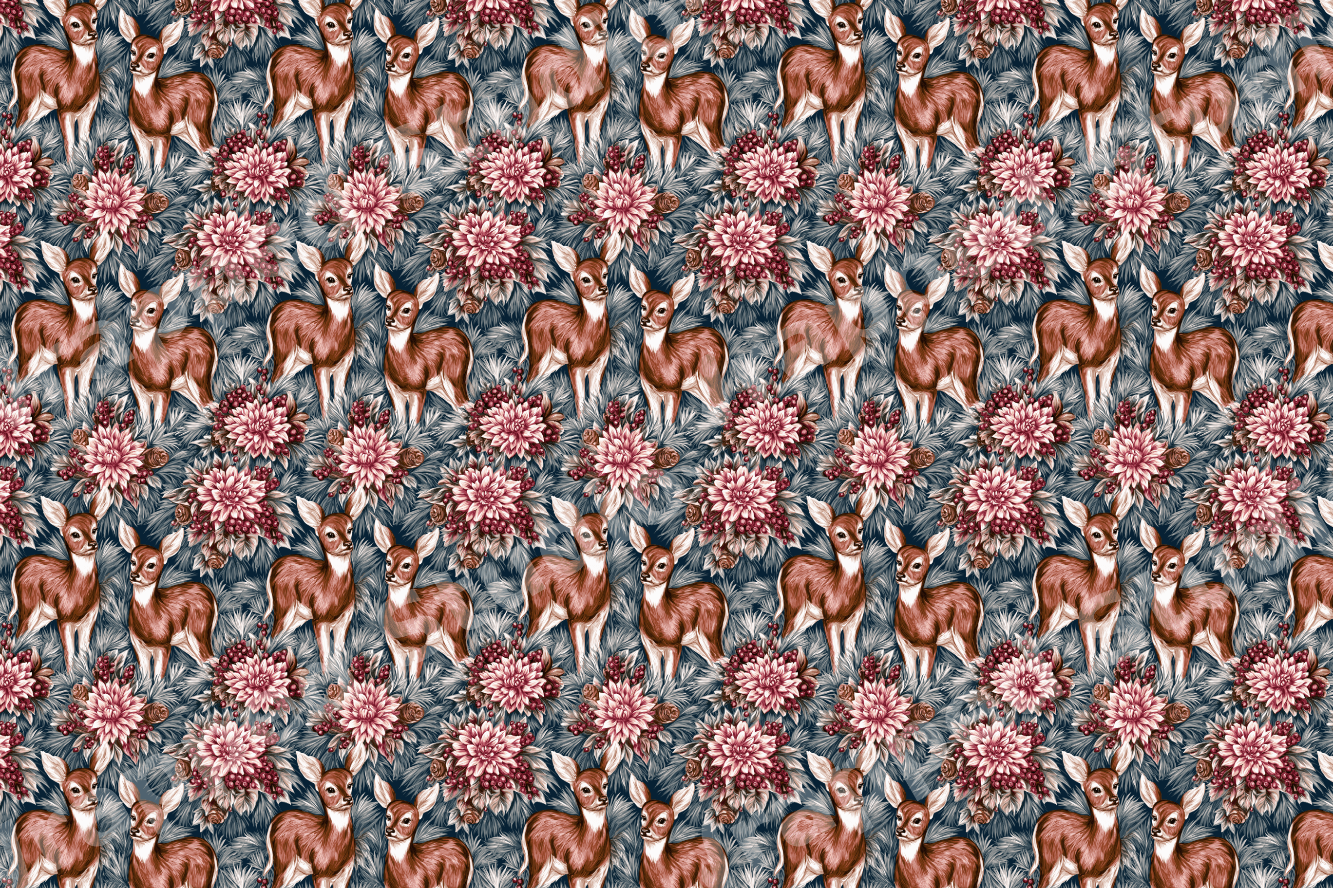 Vintage woodland deer pattern with pink botanical florals and pine branches on a dark blue background.