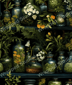 Botanical pattern of vintage glass jars with green foliage and dark backdrop.