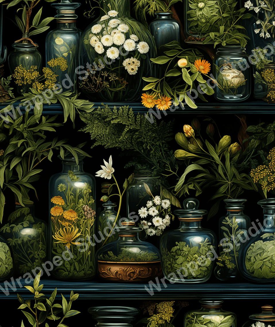 Botanical pattern of vintage glass jars with green foliage and dark backdrop.