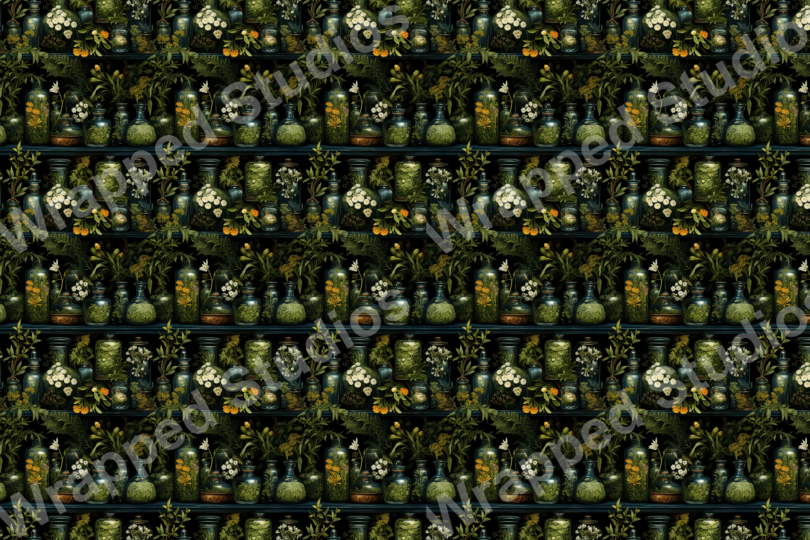 Botanical pattern with jars of herbs and flowers in green and yellow tones.