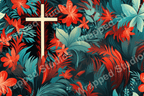 Vibrant floral pattern with red blooms and teal leaves, plus a simple cross.