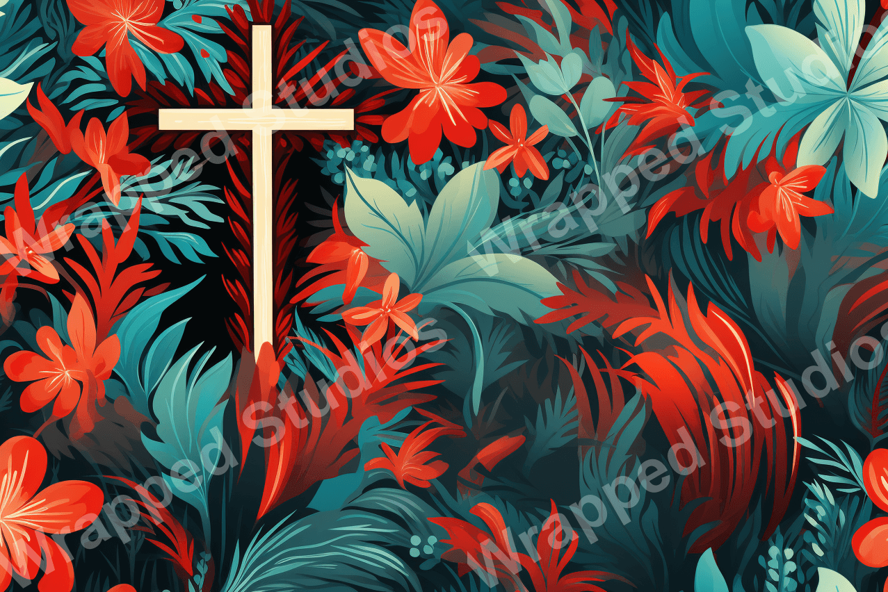 Vibrant floral pattern with red blooms and teal leaves, plus a simple cross.