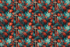 Floral pattern with stylized orange flowers, teal leaves, and ivory crosses on a dark background.