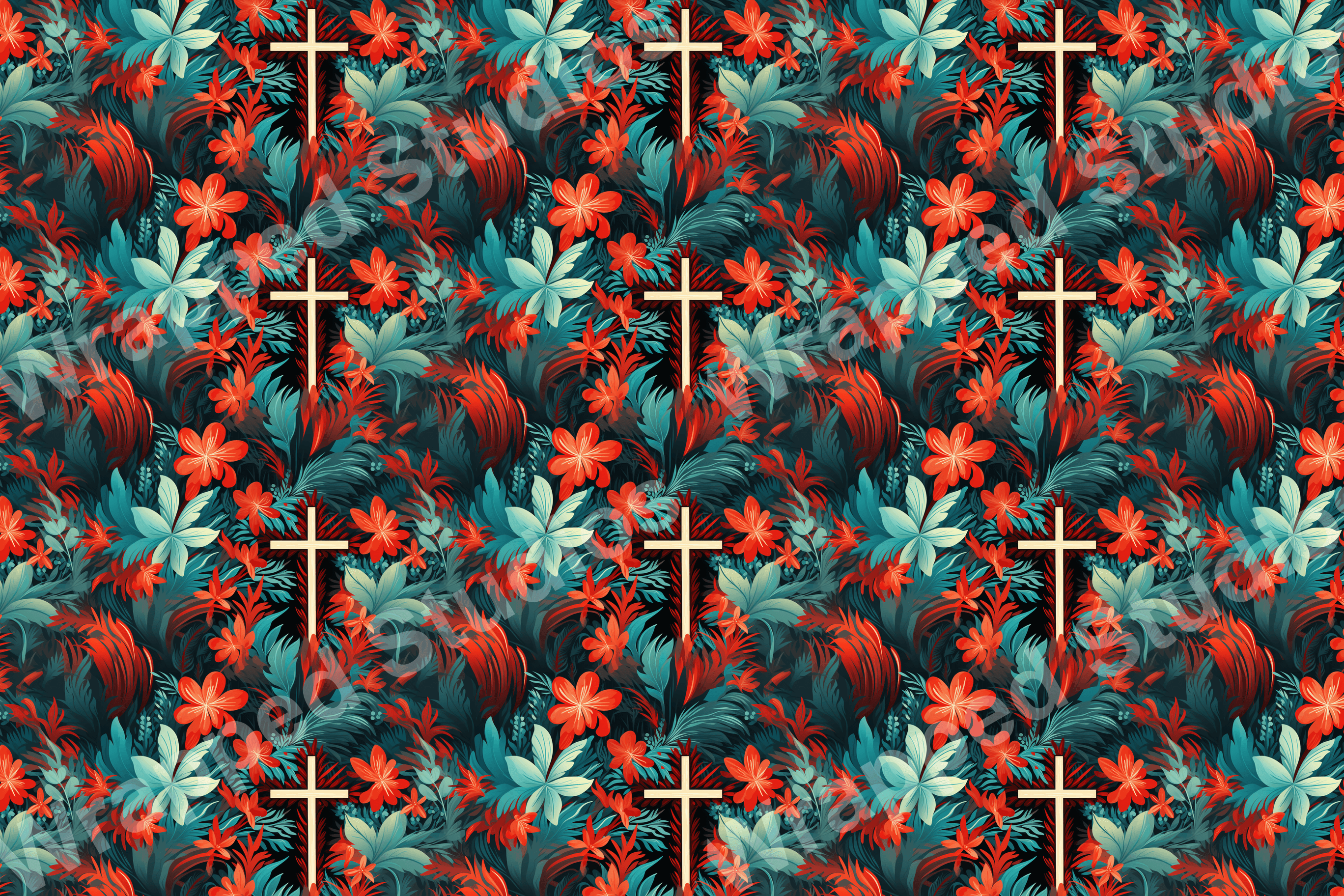 Floral pattern with stylized orange flowers, teal leaves, and ivory crosses on a dark background.