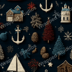 Nautical and winter holiday pattern with anchors, pine trees, snowflakes, berries, sailboats, and cozy houses in blue, red, and natural tones.