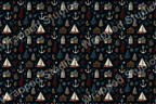 Nautical holiday seamless pattern with anchors, sailboats, festive houses, and pine trees in a vintage style.