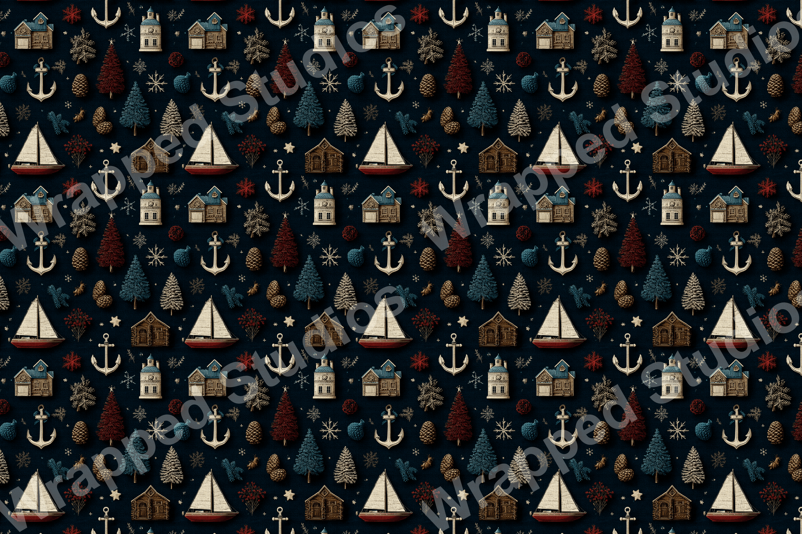 Nautical holiday seamless pattern with anchors, sailboats, festive houses, and pine trees in a vintage style.