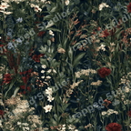 Moody vintage botanical floral pattern with deep red wildflowers and lush green foliage on a dark background.