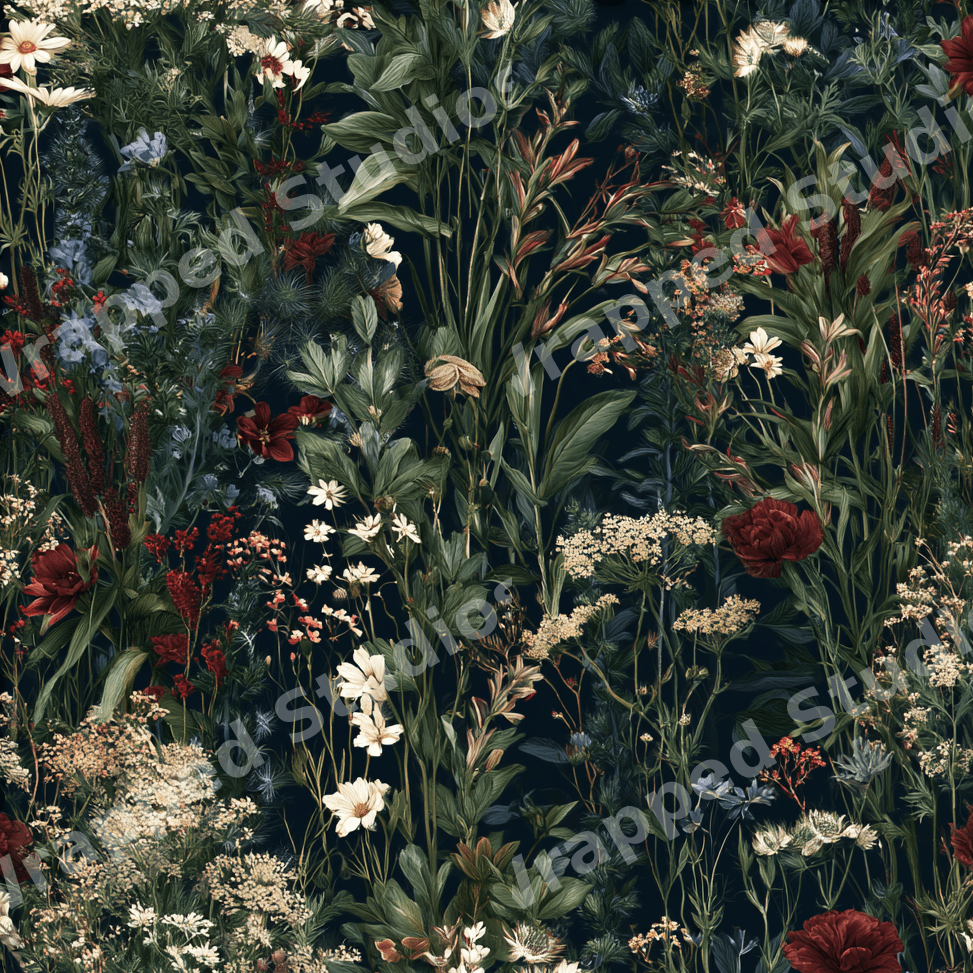 Moody vintage botanical floral pattern with deep red wildflowers and lush green foliage on a dark background.