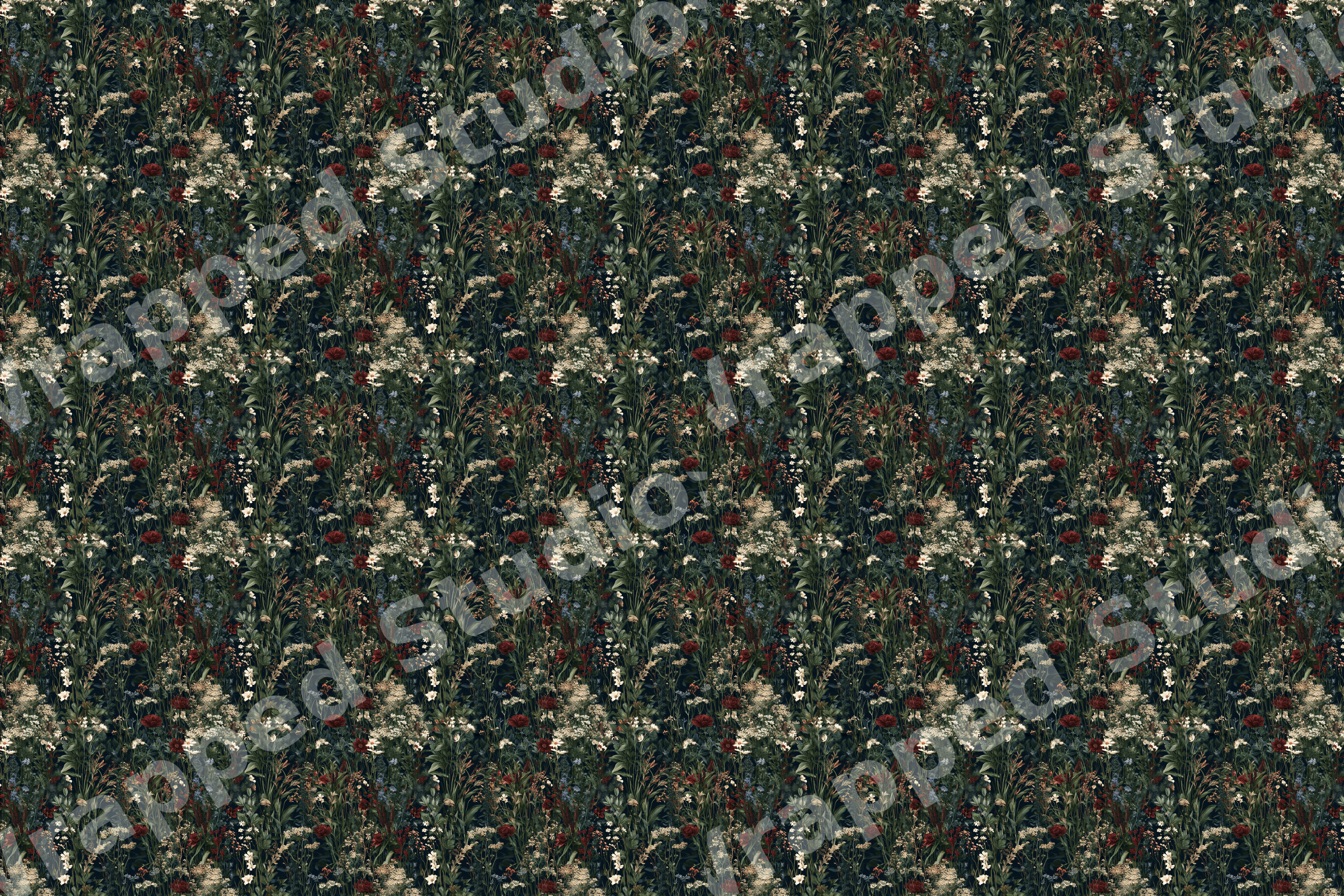 Moody vintage botanical design with intricate wildflowers on a dark forest green background.