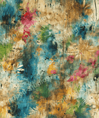 Watercolor floral pattern in a painterly style with turquoise, green, gold and pink hues.