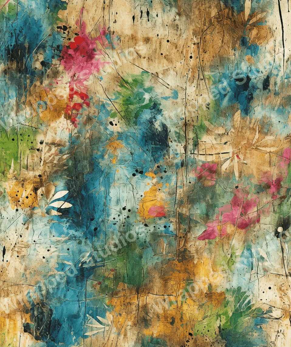 Watercolor floral pattern in a painterly style with turquoise, green, gold and pink hues.