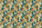 Abstract floral pattern with blue, green, yellow, and brown watercolor textures.