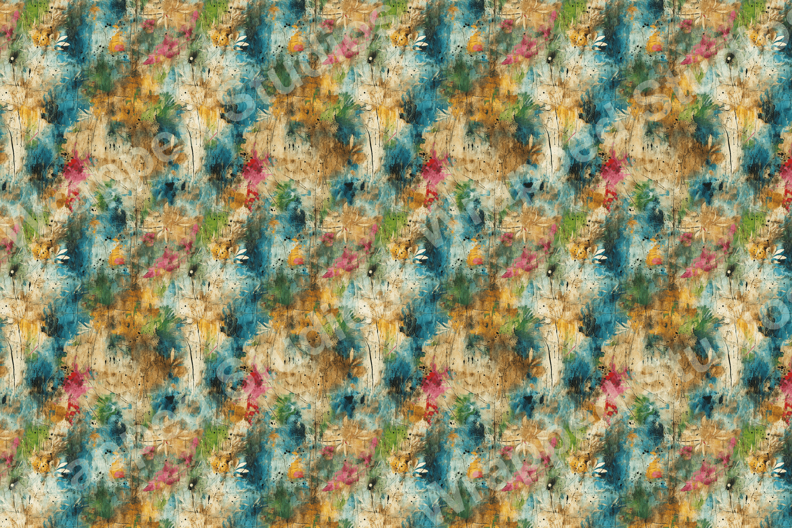 Abstract floral pattern with blue, green, yellow, and brown watercolor textures.