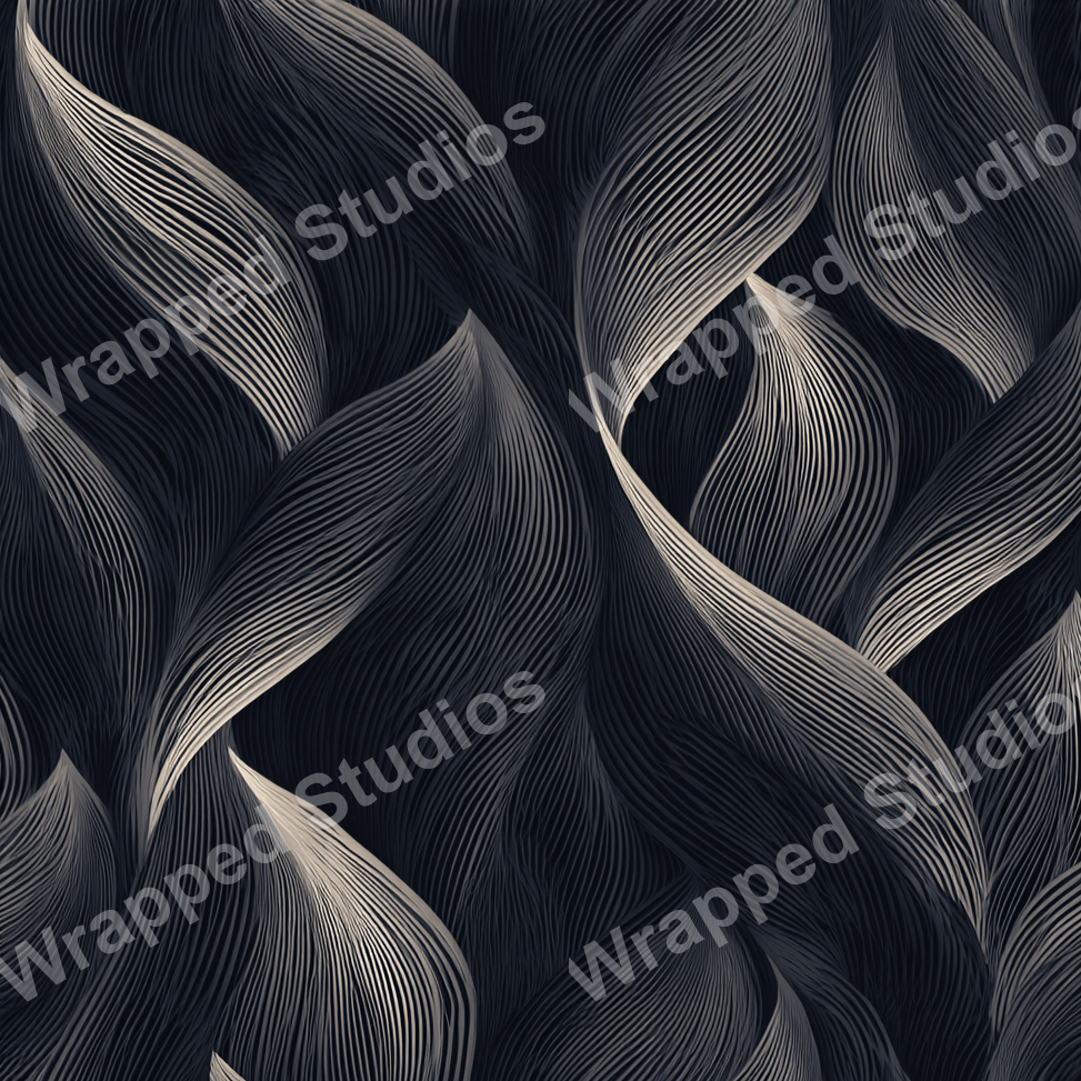 Elegant abstract pattern with curving, flowing lines in dark gray and beige tones.