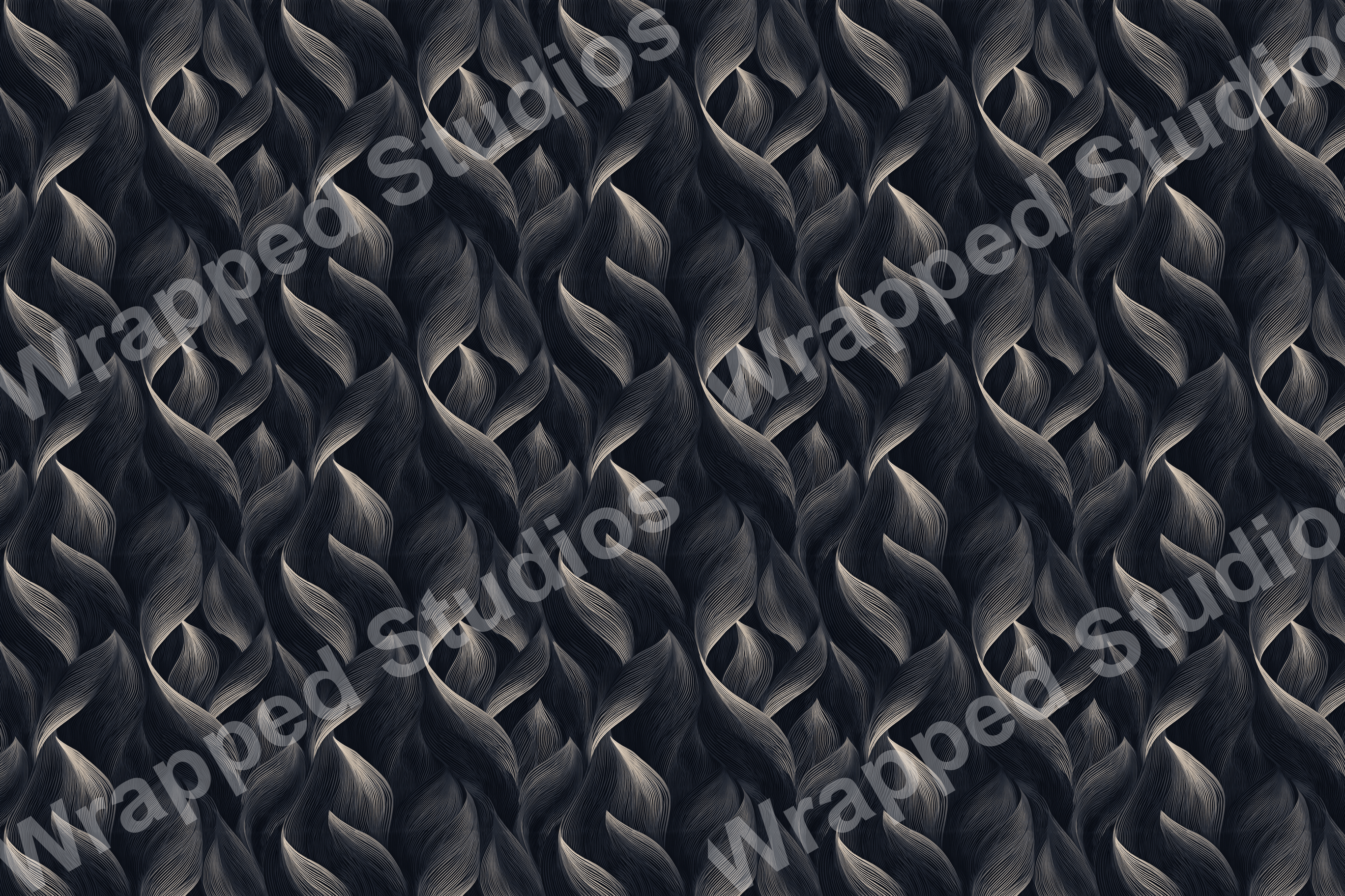 Monochrome abstract pattern of flowing, textured, leaf-like shapes.
