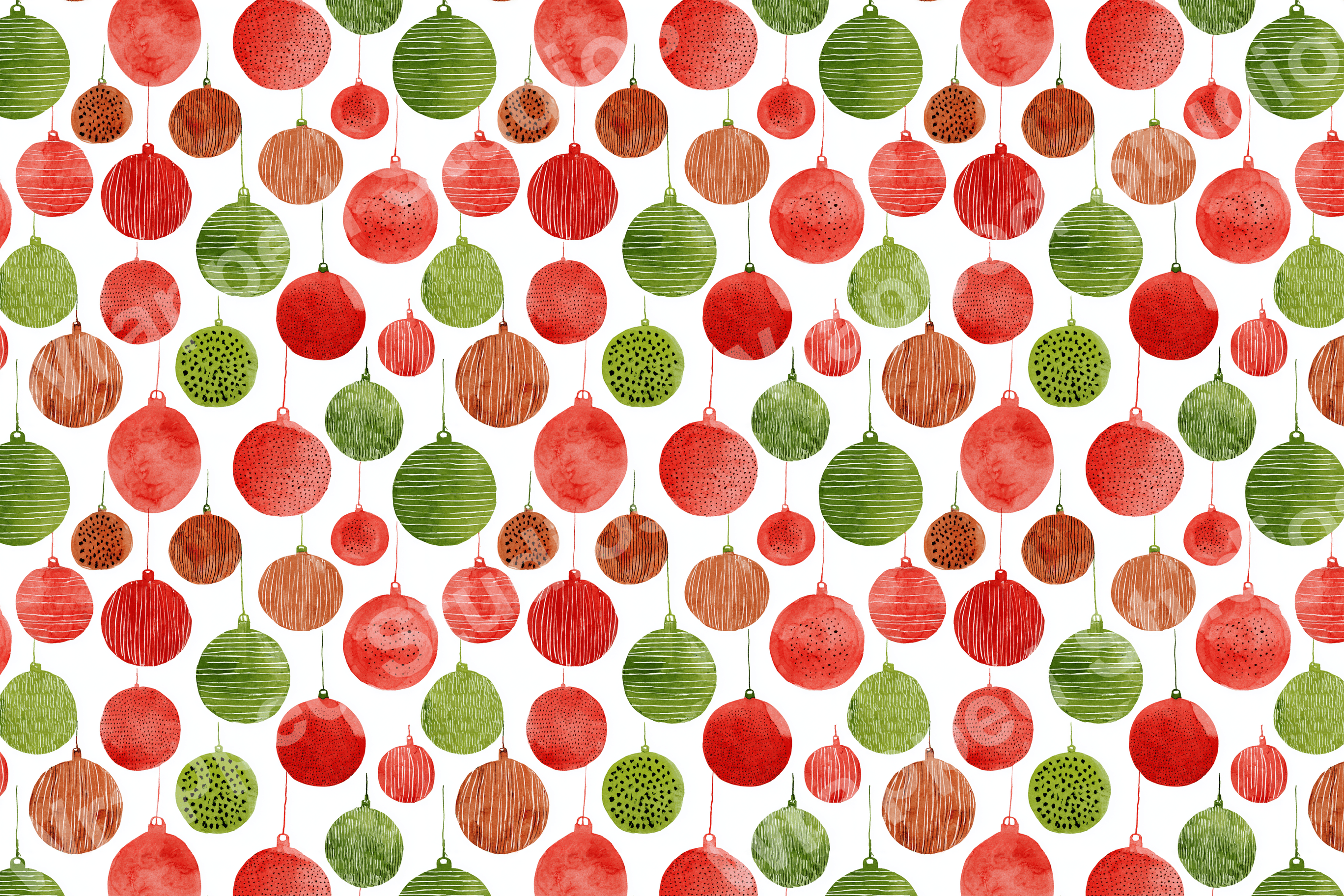 A playful pattern of watercolor Christmas ornaments in festive red, green, and orange with various textures.