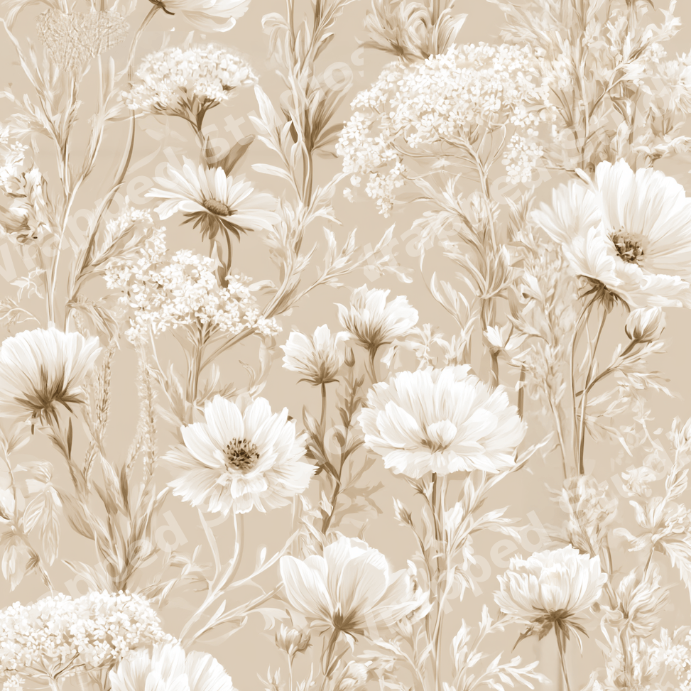 Elegant vintage botanical pattern featuring cream wildflowers and daisies on a soft beige background.