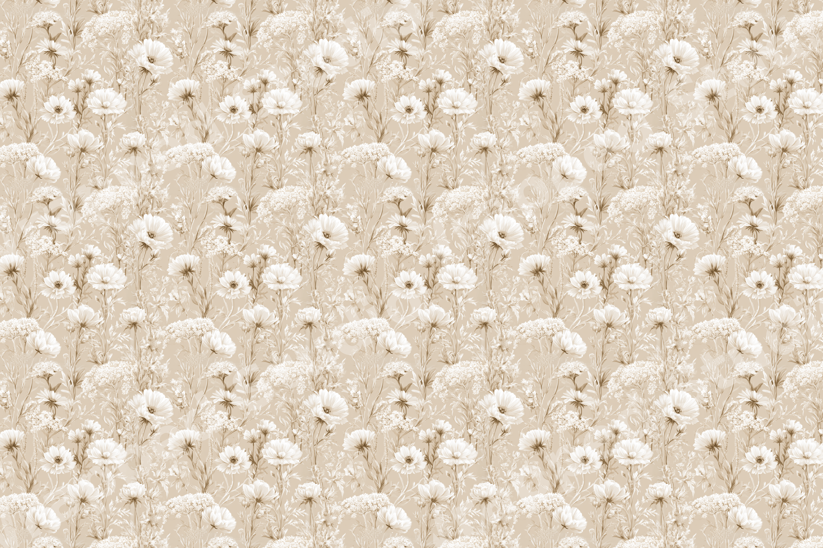 Vintage botanical floral pattern featuring delicate white wildflowers on a warm beige background.