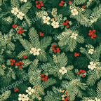 Detailed floral pattern of evergreen boughs, white blossoms, and red berries on a dark green backdrop.