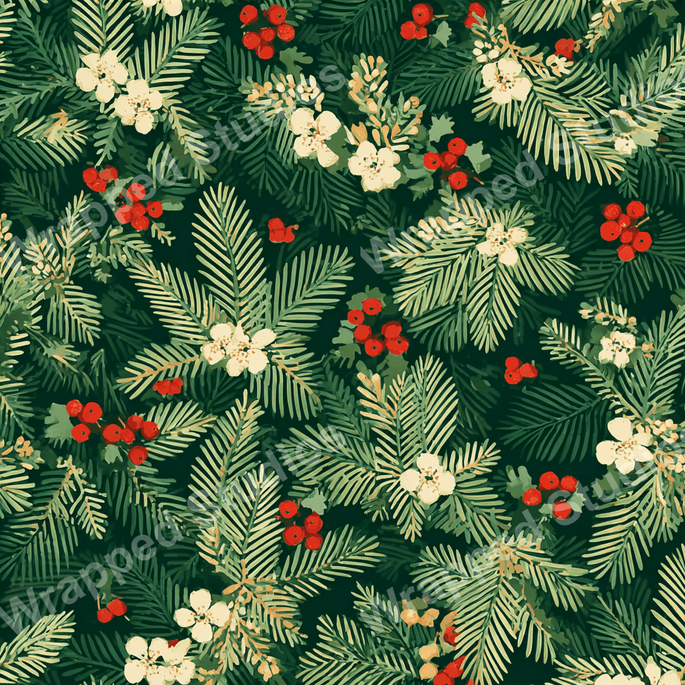 Detailed floral pattern of evergreen boughs, white blossoms, and red berries on a dark green backdrop.